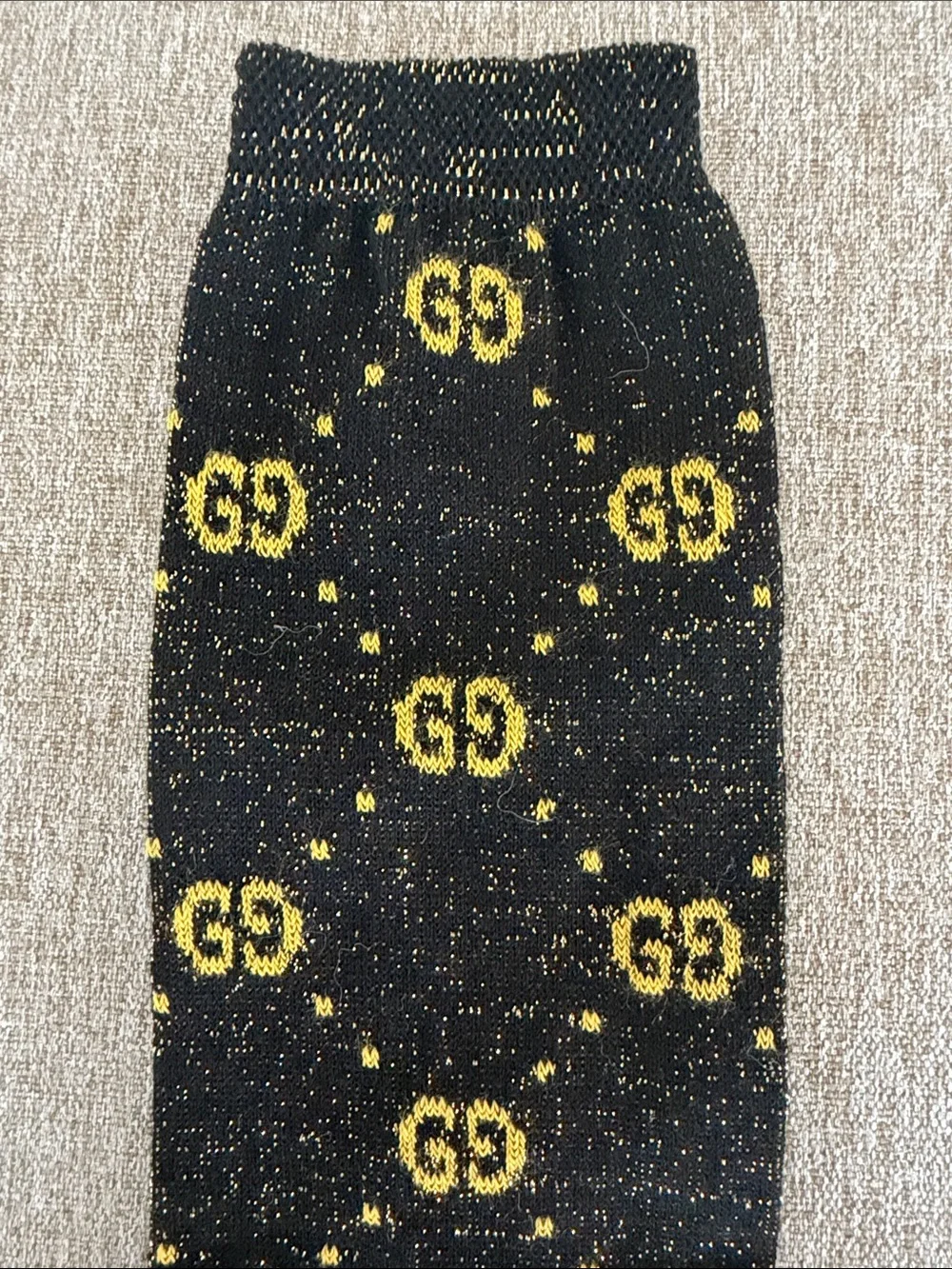 Gucci Black and Gold GG Jacquard Crew Socks in Youth Size L NWT